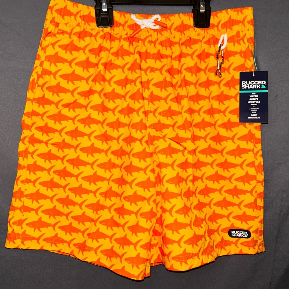 Rugged Shark Boys Shark Print Swim Shorts Orange Yellow UPF‎ 50+ Size XS 4-5 NWT